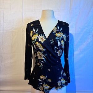 Zara Black Floral Wrap Blouse